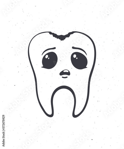 Cute unhealthy human tooth with sad eyes and caries. Outline. Vector illustration. Dental decay. Symbol of somatology and oral hygiene. Hand drawn sketch. Isolated white background