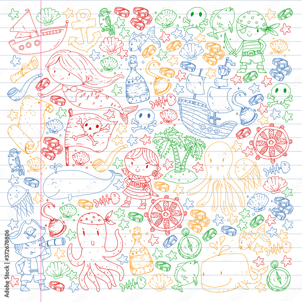 Vector pirate set in cartoon style. Sweet card with pirates, ship, whale, crab, octopus, mermaid, rum, anchor, treasure, fish, island and parrot. Vector pirate set in cartoon style. Sweet card with pirates, ship, whale, crab, octopus, mermaid, rum, anchor, treasure, fish, island and parrot.