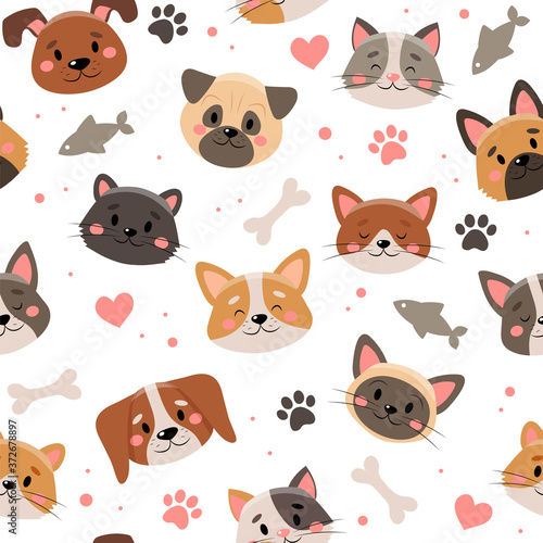 Cute pets pattern, different cats and dogs
