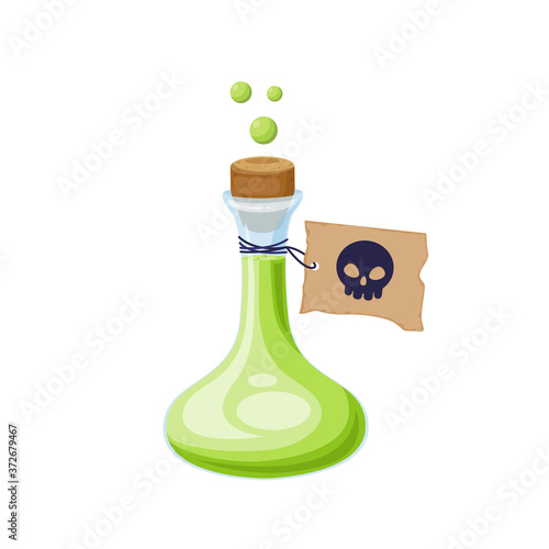 Cartoon potion glass bottle with cork and paper label. Vector illustration for Halloween holiday.