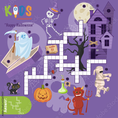 Easy crossword puzzle "Happy Halloween", for children in elementary and middle school. Fun way to practice language comprehension and expand vocabulary. Includes answers.