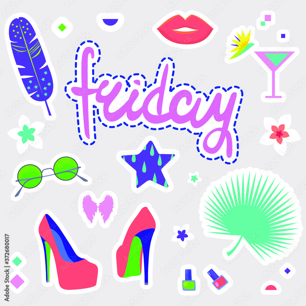 Vector fashion colorful objects for woman, party summer set with sign Friday, cocktail, star, pink wings, high heels, green sunglasses, bright feather, lips, tropical flowers and leaf, nail polish.