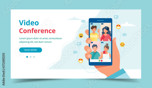 Group call with friends, video conference. Hand holding smartphone. Landing page template. illustration in flat style