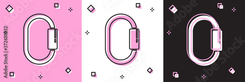 Set Carabiner icon isolated on pink and white, black background. Extreme sport. Sport equipment. Vector Illustration.