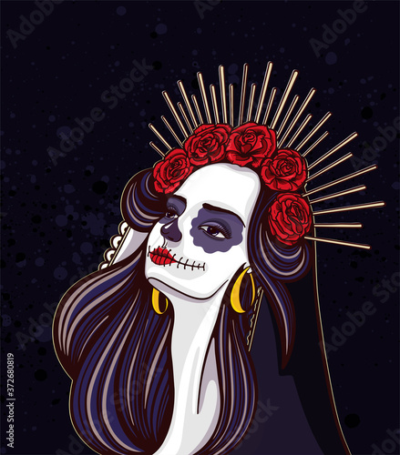 Day of the dead, Dia de los muertos. Girl with makeup - sugar skull with rose flowers. Lettering Dia de los muertos.