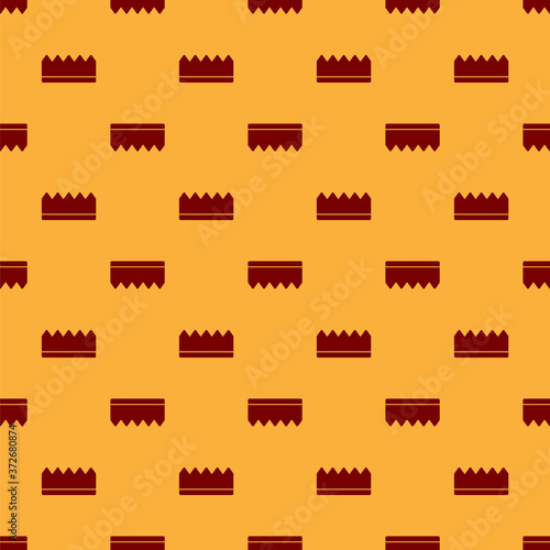 Red Sponge with bubbles icon isolated seamless pattern on brown background. Wisp of bast for washing dishes. Cleaning service logo. Vector Illustration.