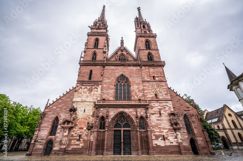 Basler Munster or Basel Minster Cathedral facade view a red wall church in Basel Switzerland