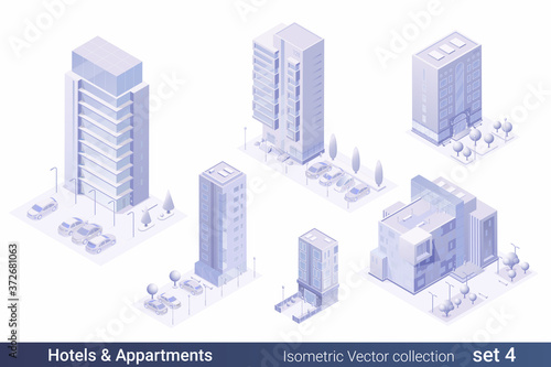 Isometric Flat 3D Architecture Building vector collection:
Hotel, Business Office center, Appartments house
