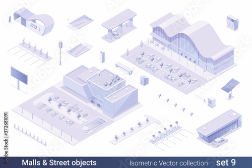 Isometric Flat 3D Architecture Building vector collection: 
Shopping mall Shop Store, Parking, Gas Station, Electric station, solar panel, billboard, sign, bus stop, street objects
