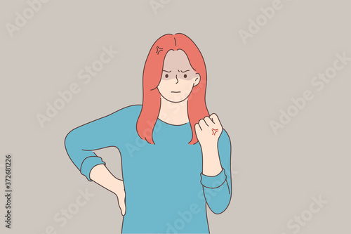 Emotion, face, anger, fury, frustration concept. Young angry unhappy frustrated furious woman girl teenager character threatening fist with rage and aggression. Negative facial expression illustration
