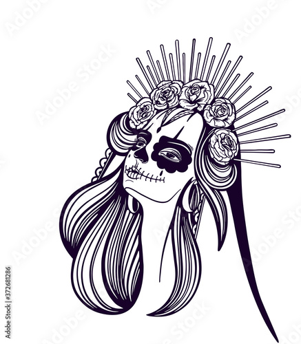 Day of the dead, Dia de los muertos. Girl with makeup - sugar skull with rose flowers. Lettering Dia de los muertos.