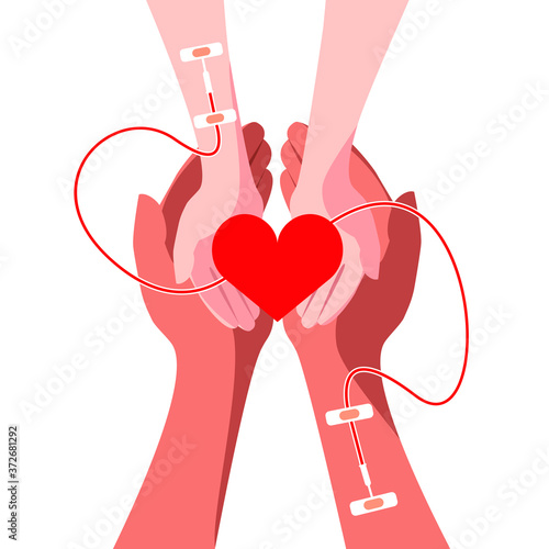 Heart in human hands, blood donation concept. Vector stock illustration.