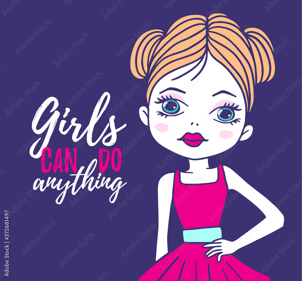 Fototapeta premium Vector illustration of close up fashion girl in a red dress with blue eyes on dark color background with text.