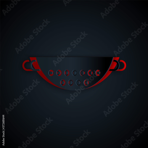 Paper cut Kitchen colander icon isolated on black background. Cooking utensil. Cutlery sign. Paper art style. Vector Illustration.
