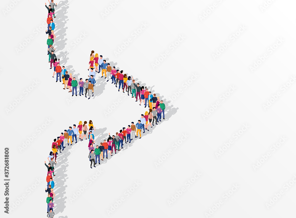 Big people crowd gathering in shape of arrow sign directed right or forward. Big people crowd gathering in shape of arrow sign directed right or forward.