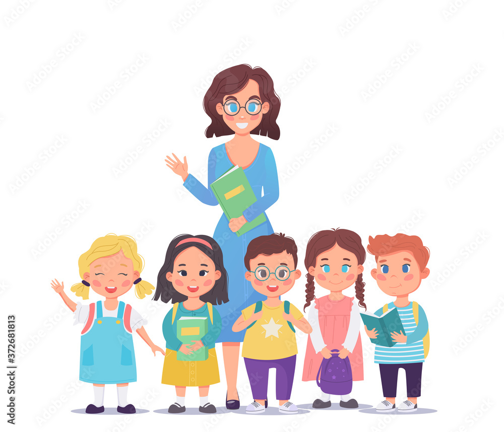 Happy teacher standing with group of cute cheerful pupils or students. They  waving their hands. Welcome back to school vector stock illustration. Isolated on white background. Flat cartoon style.