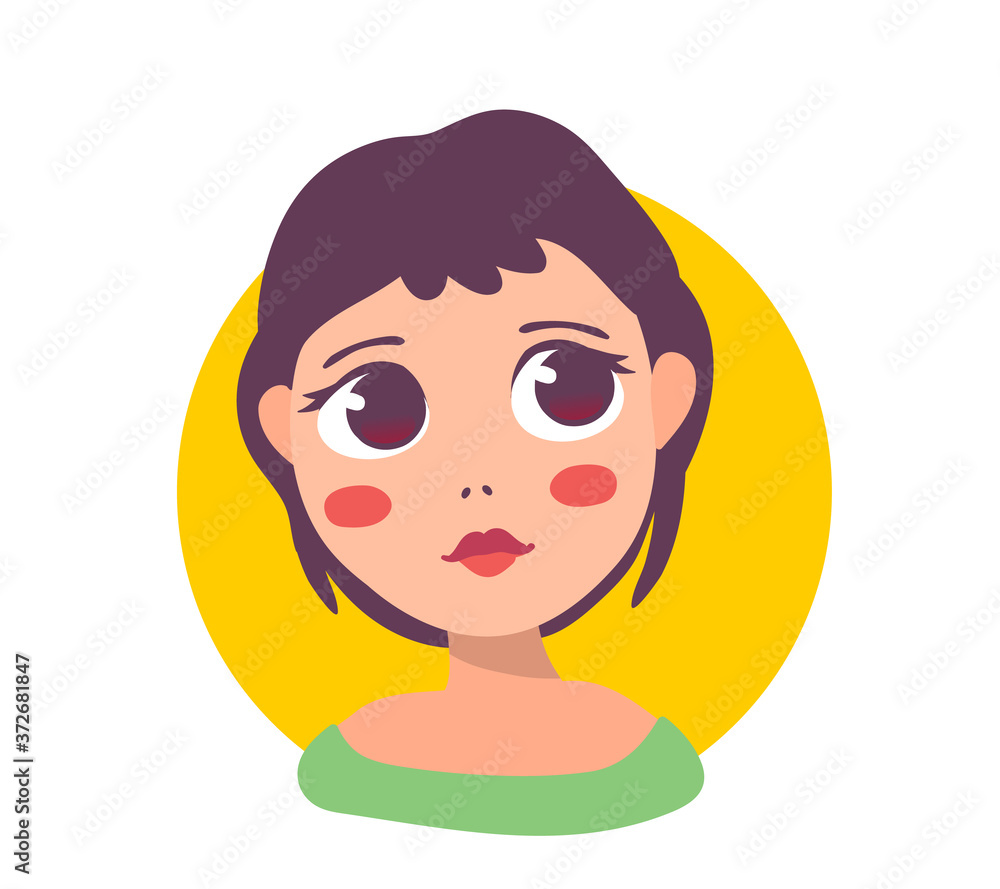 Hand drawn flat style color head of girl for avatar profile, t-shirt print, web, site, card. Hand drawn flat style color head of girl for avatar profile, t-shirt print, web, site, card.
