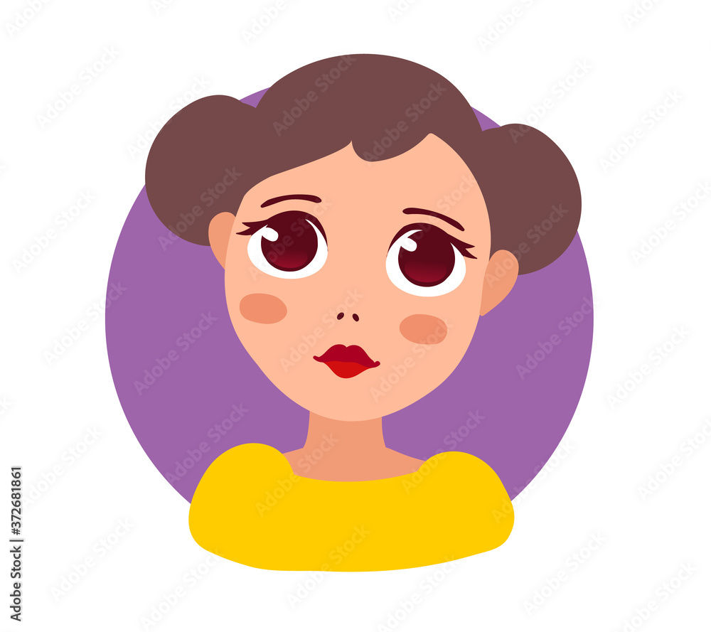 Vector illustration of portrait of a beautiful thoughtful and sad girl with big eyes and brown hair in purple circle frame on white background. Vector illustration of portrait of a beautiful thoughtful and sad girl with big eyes and brown hair in purple circle frame on white background.