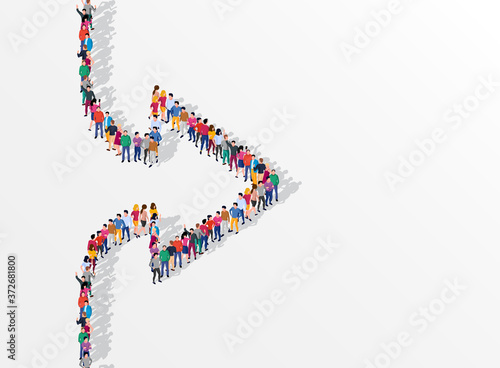 Big people crowd gathering in shape of arrow sign directed right or forward.