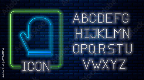 Glowing neon Oven glove icon isolated on brick wall background. Kitchen potholder sign. Cooking glove. Neon light alphabet. Vector Illustration.