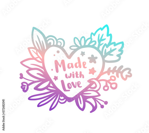 Vector illustration of beautiful floral heart wreath with simple flower and text. Lovely message in frame on white background.