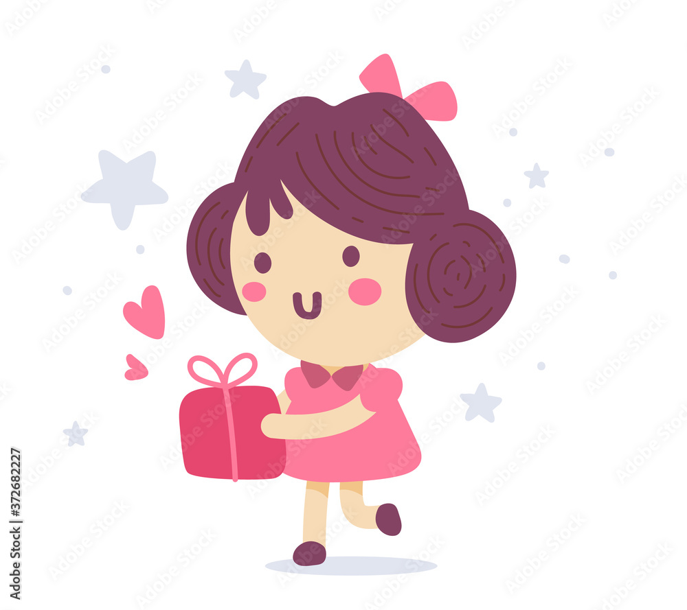 Vector illustration of a cute girl with brunette hair and bow carrying present on white background. Vector illustration of a cute girl with brunette hair and bow carrying present on white background.