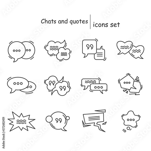 Chats and quotes icons set. Cartoon style comic book speech bubble linear pictograms. Communication, citation and messaging concept. Editable stoke vector illustrations for web, graphic design and ui
