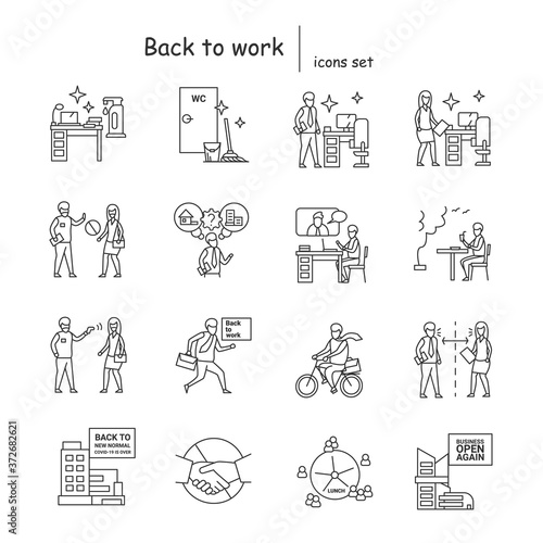 Back to work icons set Quarantine and lockdown end, office covid pandemic prevention linear pictograms. Concept of employee workplace health safety precautions. Editable stroke vector illustrations