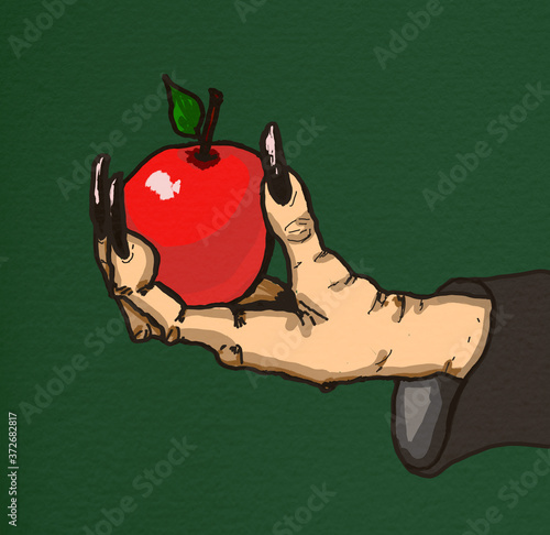 Witch's hand with apple. Old witch holding an apple for Snow White. Old scary hand of a witch holding one red apple