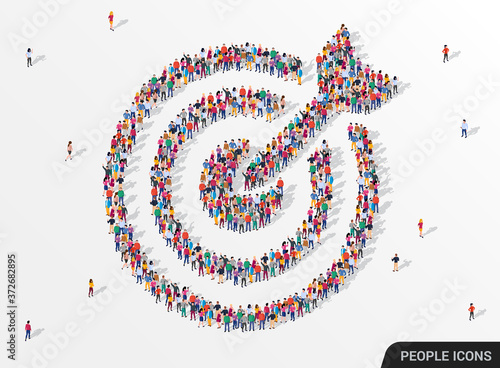 Large group of people seen from above gathered together in the shape of a target with arrow icon.