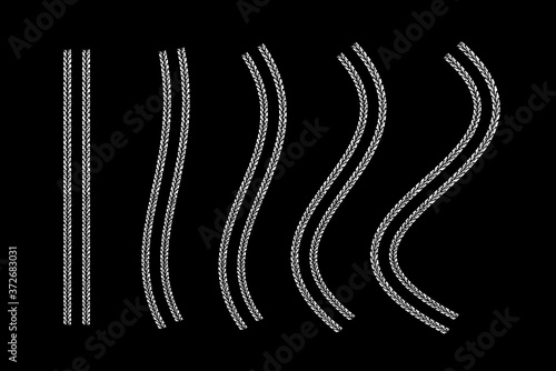 Tire tracks vector set design elements with varying degrees of curvature.