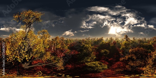 Panorama of the autumn landscape. HDRI, environment map , Round panorama, spherical panorama, equidistant projection, panorama 360, 3d rendering