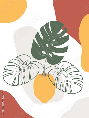 Abstract background with tropical leaves in a vase.Illustration for gift packaging, web page background, as a print for any printed product. Vector illustration. Minimalistic style