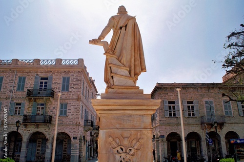Greece, Syros island, view of the statue at Miaouli square in the town of Hermoupolis, April 11 2006.