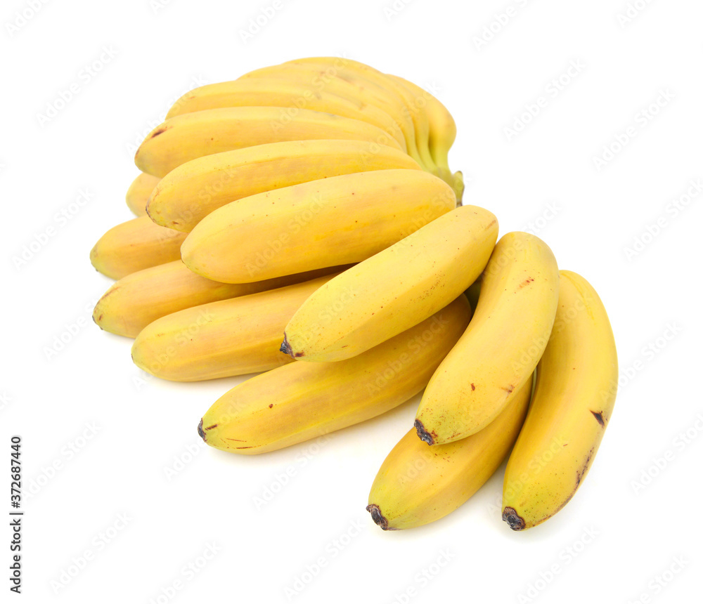 Cluster of small bananas on a white background