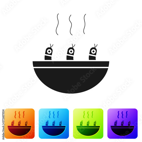 Black Soup with shrimps icon isolated on white background. Tom yum kung soup. Set icons in color square buttons. Vector..