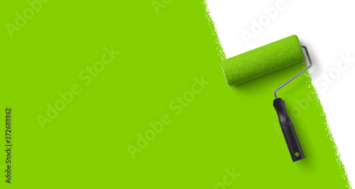 Arrière plan blanc, peinture verte et rouleau à peinture	
