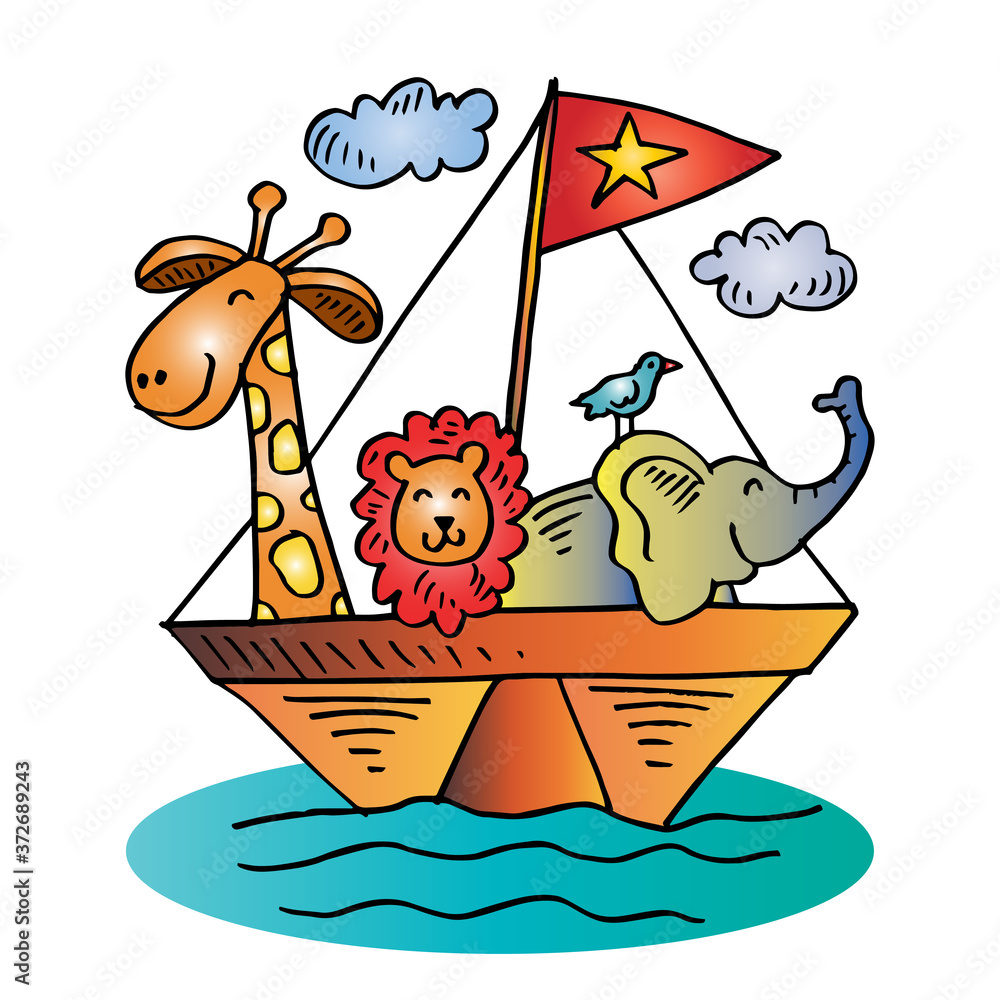Fototapeta premium Cute animals on boat. cartoon illustration.