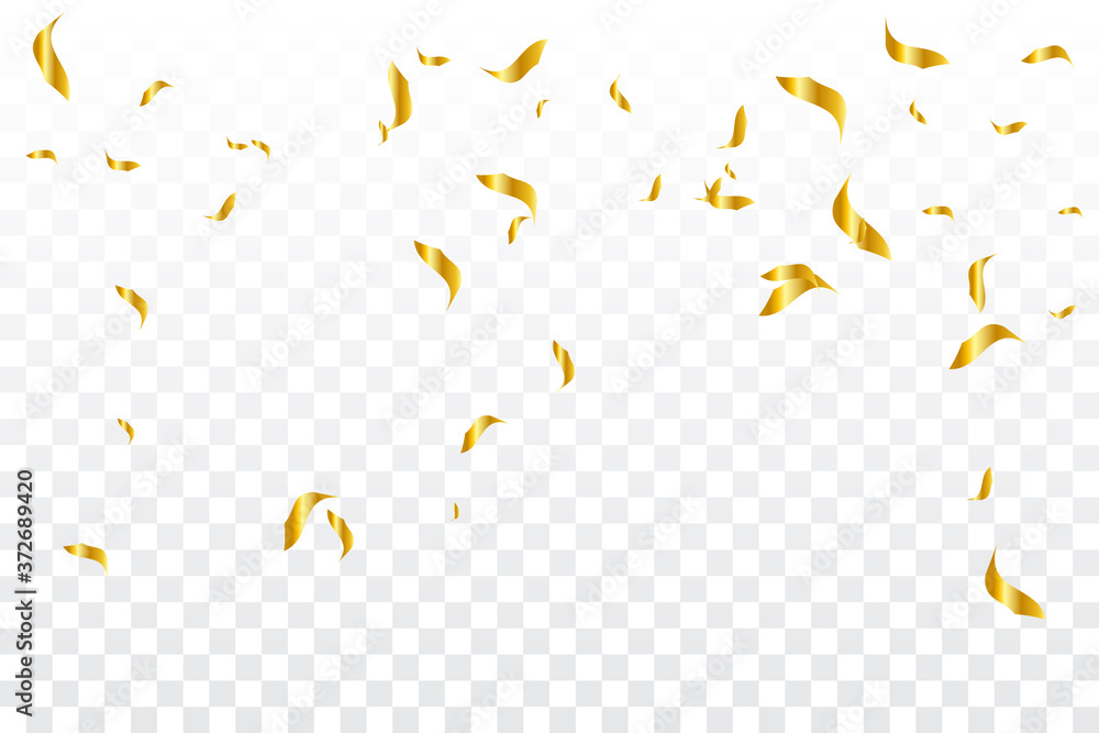 Many Falling Golden Tiny Confetti On Transparent Background. Vector - obrazy, fototapety, plakaty 