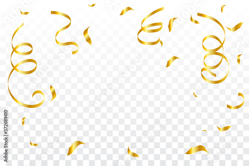 Golden Tiny Confetti And Streamer Ribbon Falling On Transparent Background. Vector