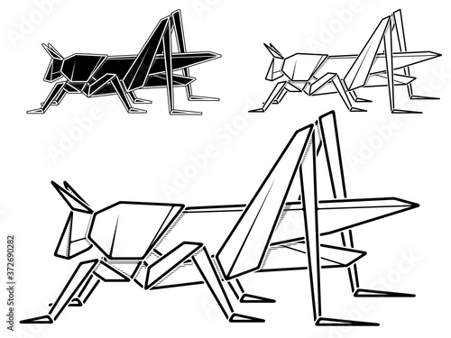 Vector monochrome image of paper origami of grasshopper (contour drawing by line).