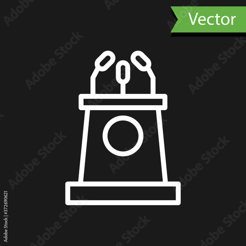 White line Stage stand or debate podium rostrum icon isolated on black background. Conference speech tribune. Vector Illustration.