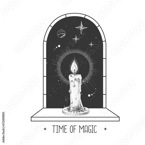 Magic witchcraft open window silhouette with burning candle on outer space background. Vector illustration