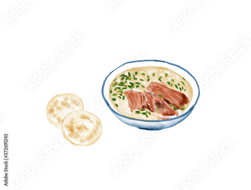 Watercolor Illustration of Chinese Cuisine - Gansu Basin Mutton Soup Noodle and Baked Bun | 甘肃水盆羊肉 photo