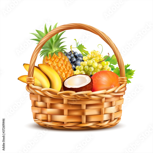 Basket with tropical fruits isolated on white. Vector illustration.