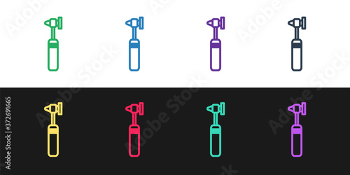 Set line Medical otoscope tool icon isolated on black and white background. Medical instrument. Vector Illustration.