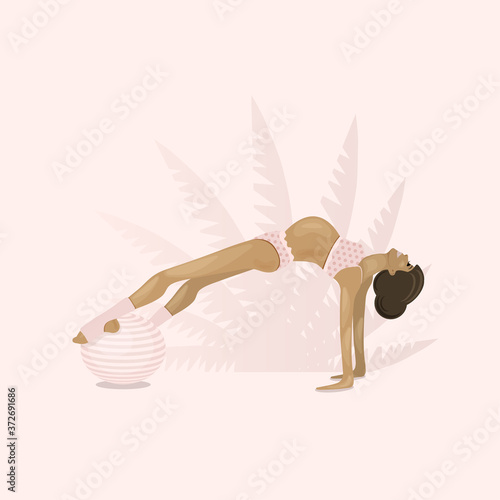 Girl goes in for sports on gymnastic ball. Aerobics on fit-ball.  Healthy lifestyle, home or fitness room. vector illustration.