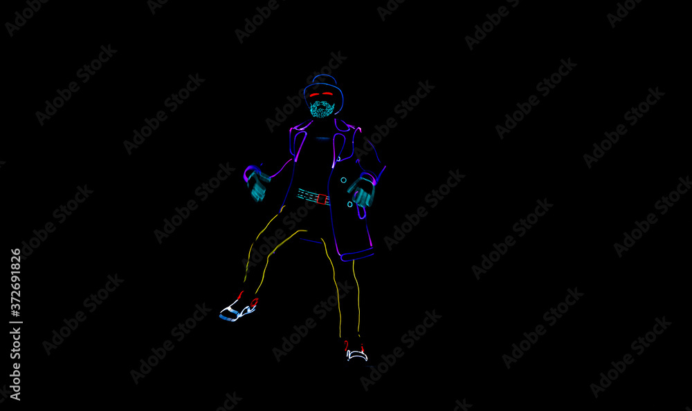 Silhouettes of people in glowing suits on a black background. Neon suit. Entertainment. Dancing.