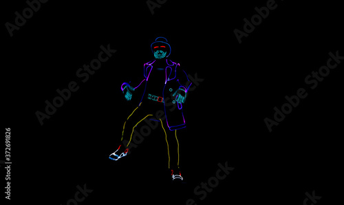Silhouettes of people in glowing suits on a black background. Neon suit. Entertainment. Dancing. © Jean_De_Vlas