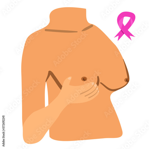 Breast cancer self screening. Basic breast cancer checking. This woman is palpating her breast to check breast cancer. 